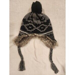 Fox Outdoor Trapper Hat Knit Faux Fur Lined Ties Black Gray Brown Fur Small Fit